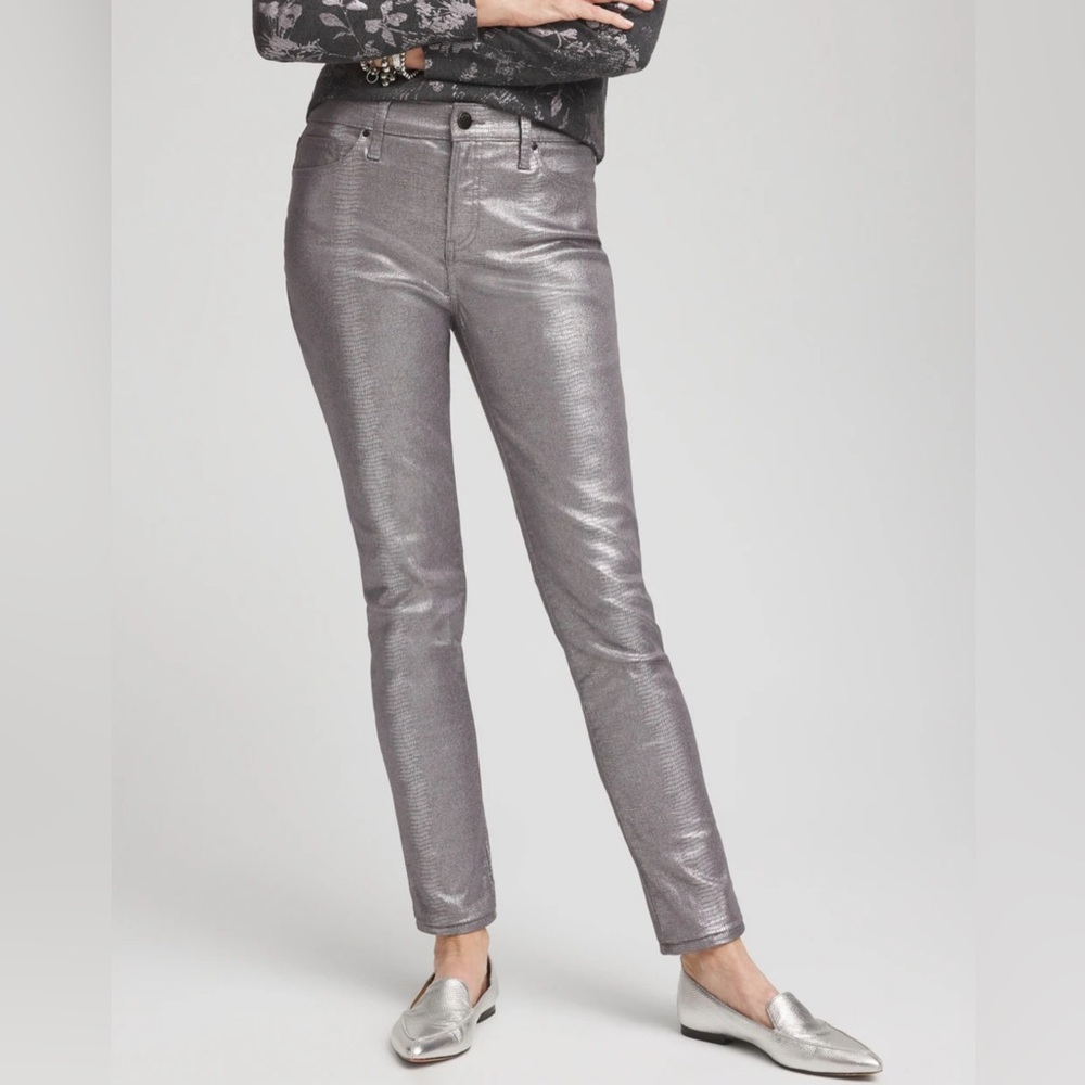 Girlfriend coated ankle jeans, metallic silver; size 14 (2.5) from Chico’s